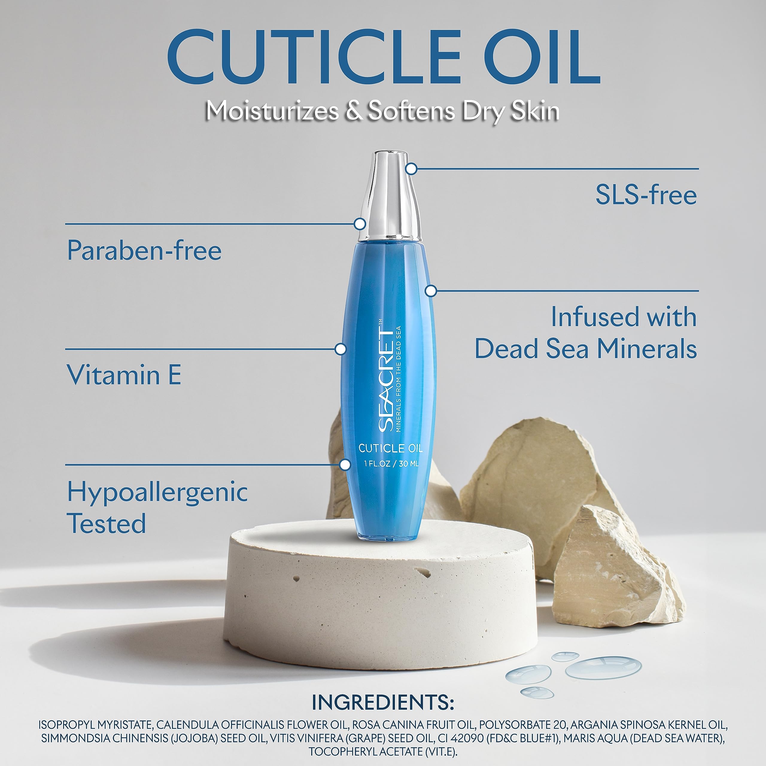 SEACRET Minerals Cuticle Oil closeup texture reveals silky, non-greasy finish.