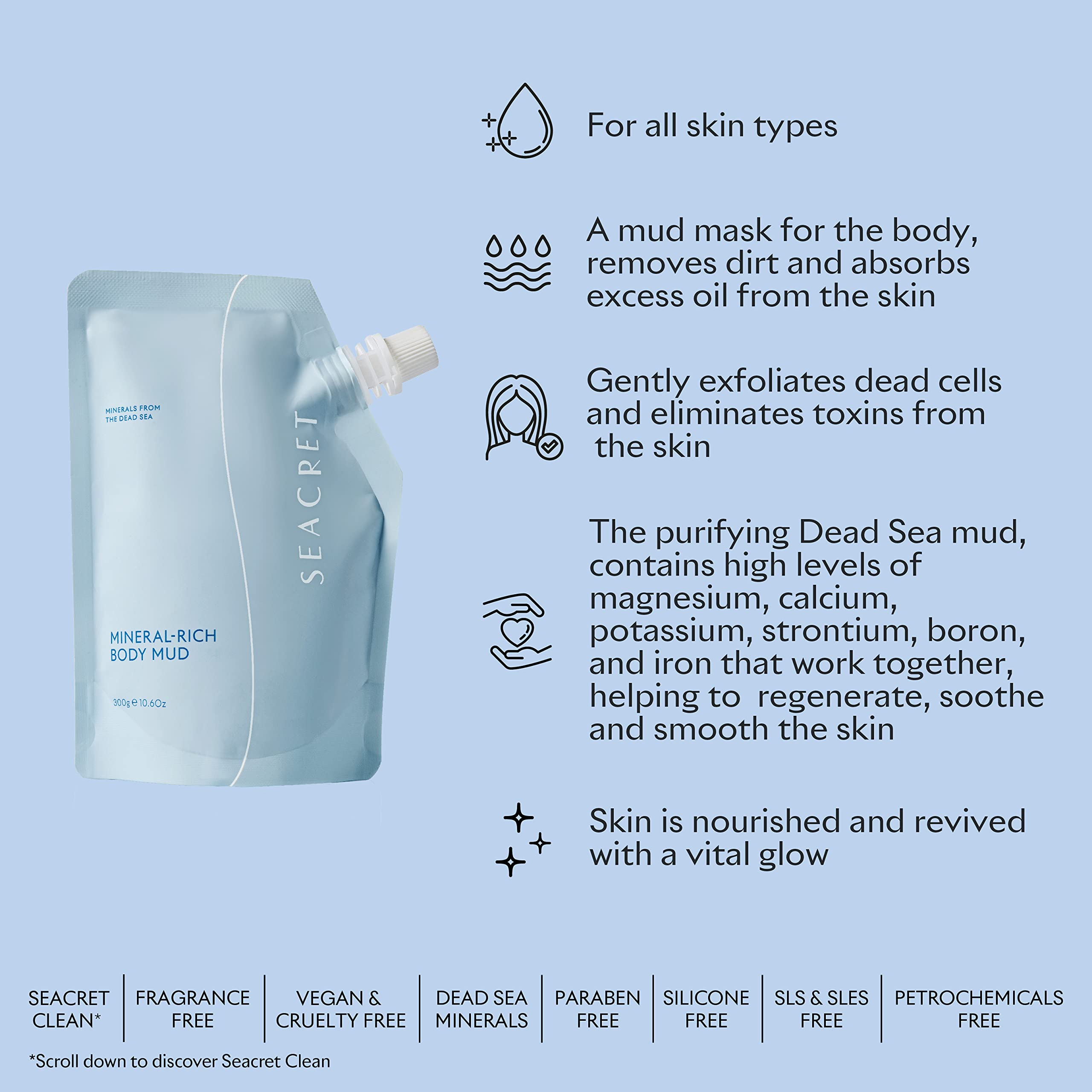 SEACRET Minerals Dead Sea Mud mineral-rich content highlights cleansing and oil balance.