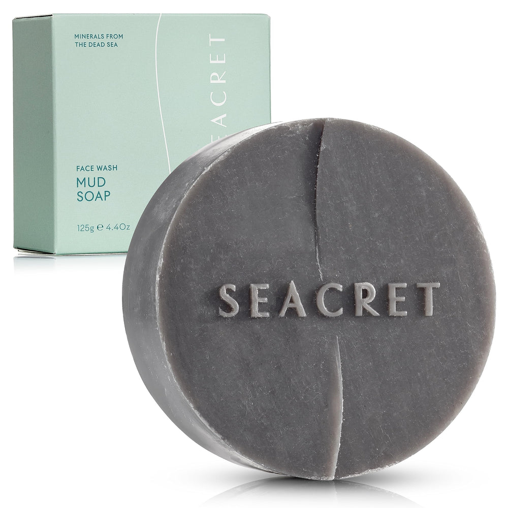 SEACRET Minerals Mud Soap Bar packaging highlights a premium Dead Sea mud cleanser for daily detox and glow.