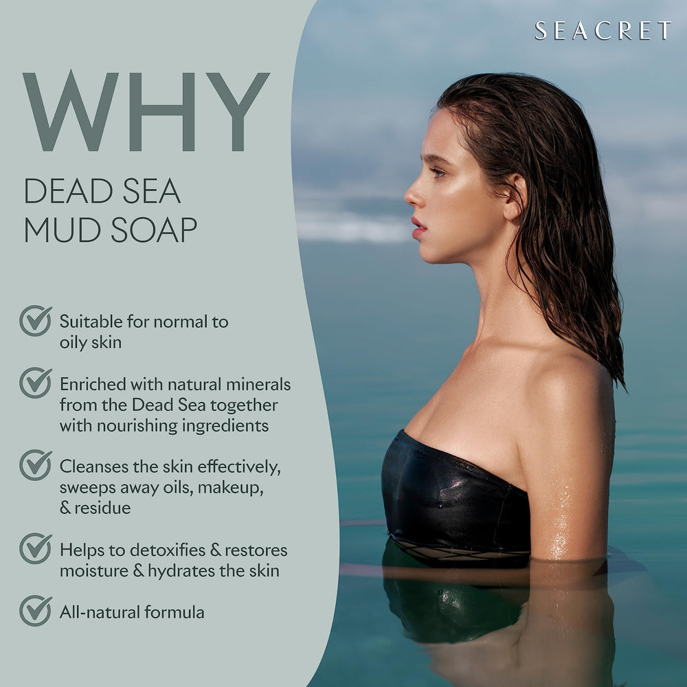 SEACRET Minerals Mud Soap Bar sea salt texture hints exfoliating cleanse for refined skin.