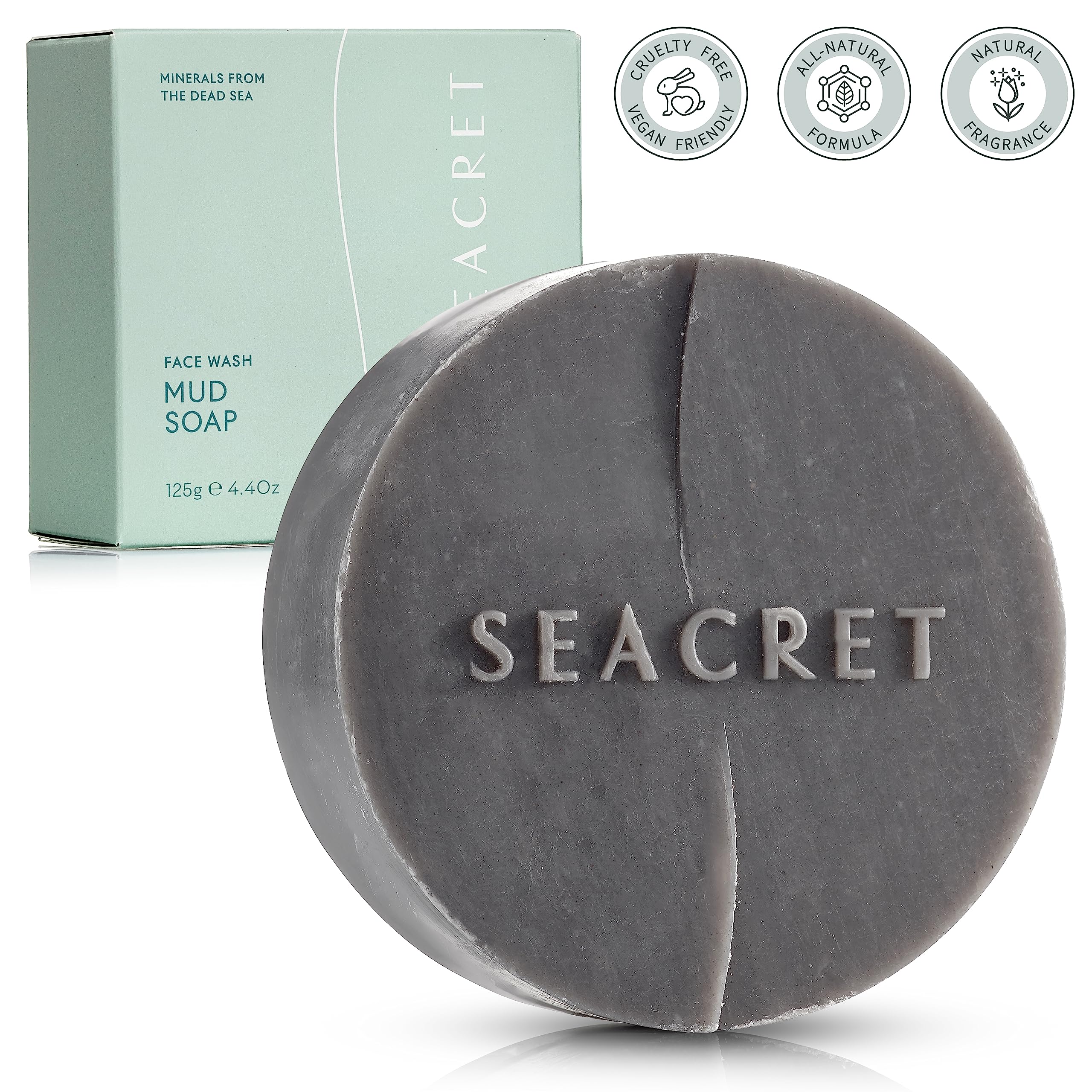 SEACRET Minerals Mud Soap Bar 4.4 oz size is convenient for travel or at-home use.