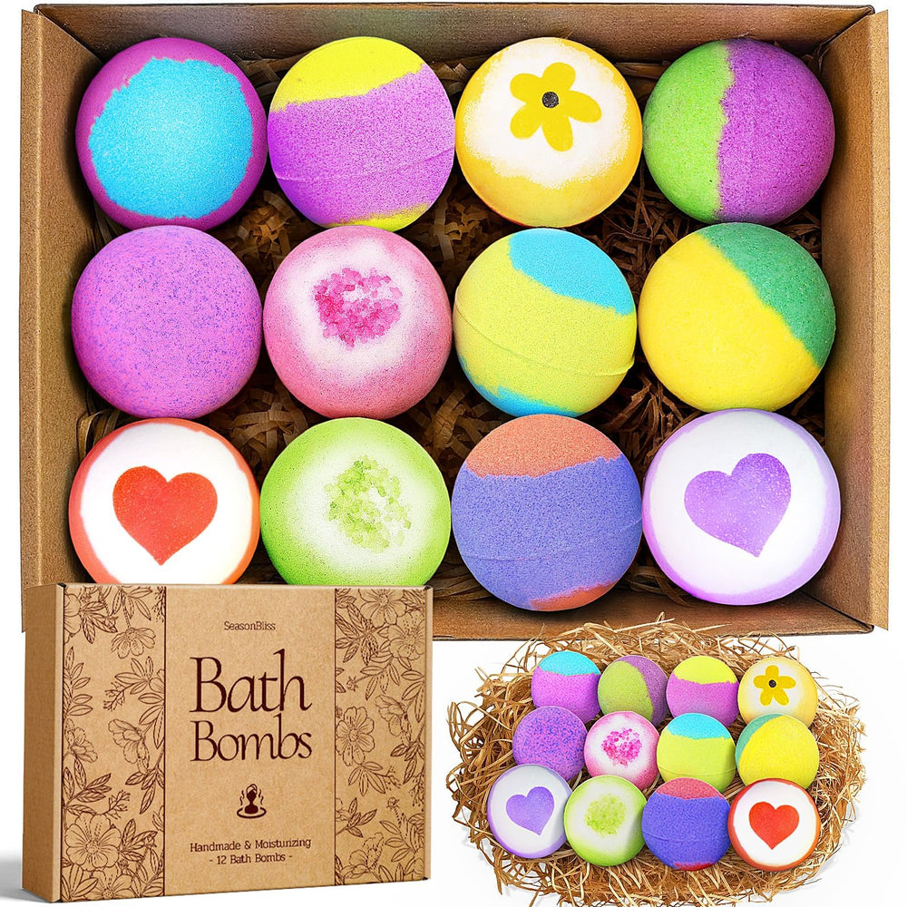 SeasonBliss bath bombs packaging showcases 12 fragrances for a relaxing home spa ritual