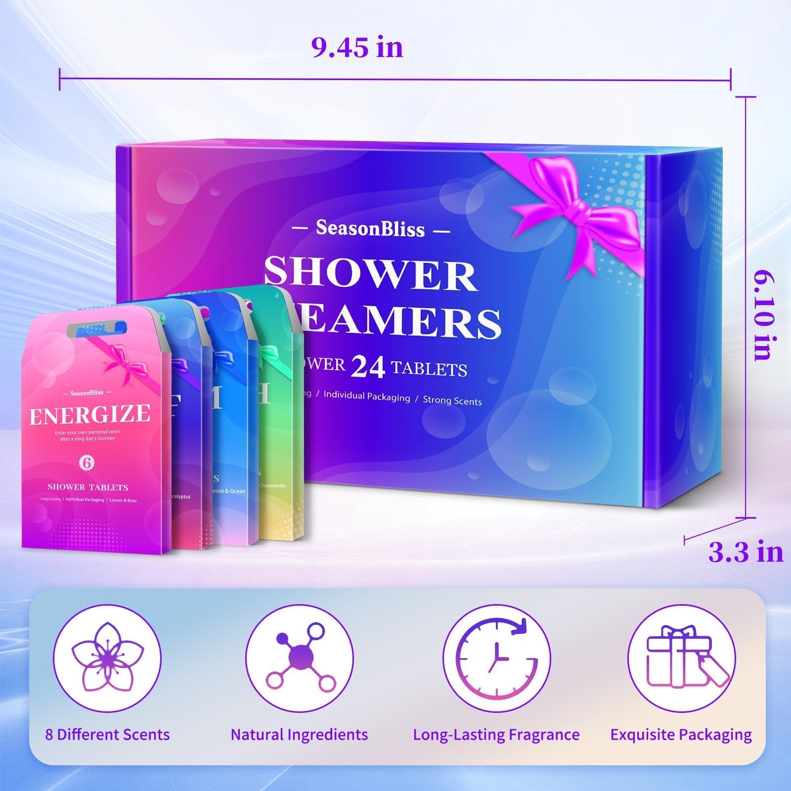 SeasonBliss jasmine shower steamer image emphasizes mood-lifting fragrance for a spa-like shower.