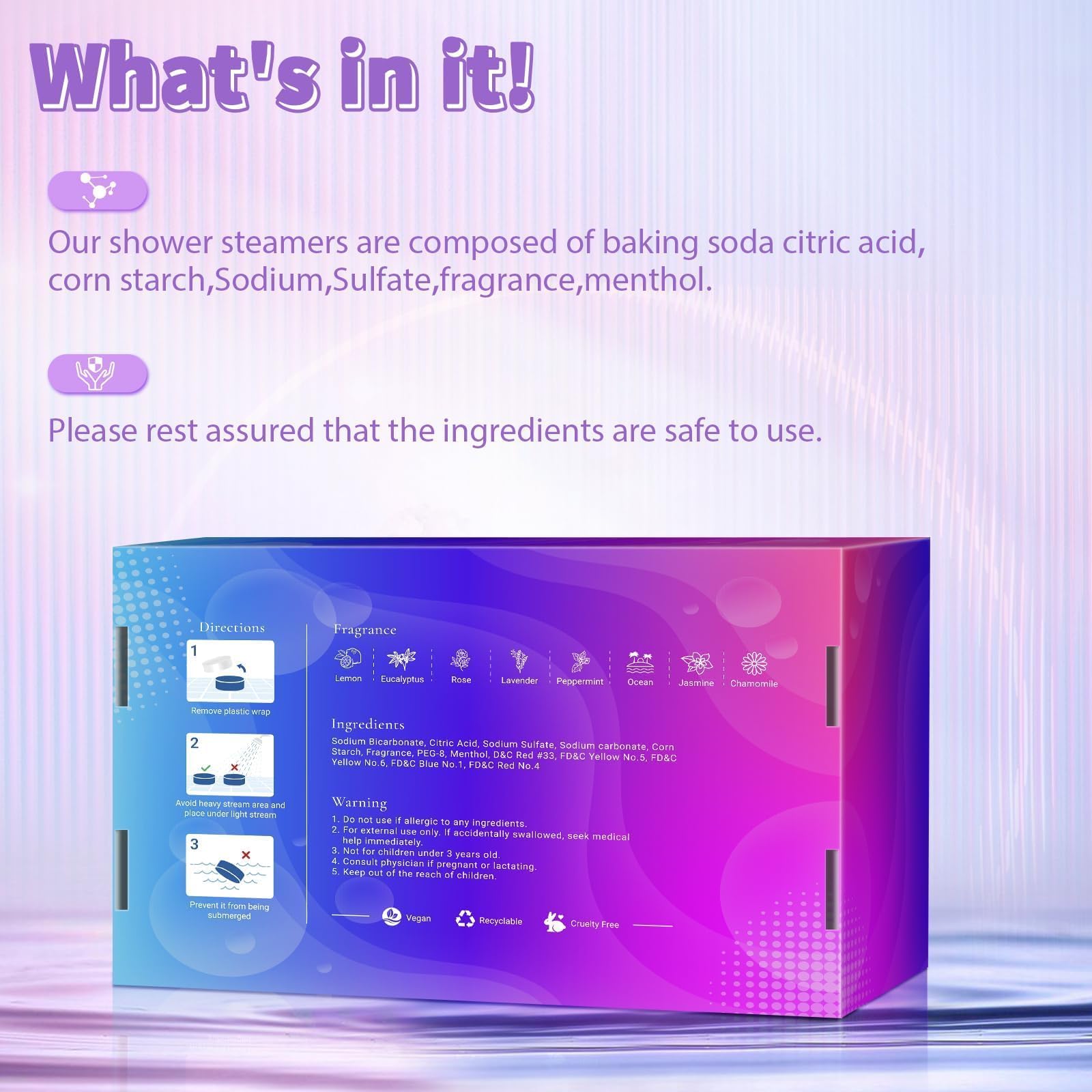 SeasonBliss lavender shower steamer image emphasizes gentle relaxation and unwinding after the day.