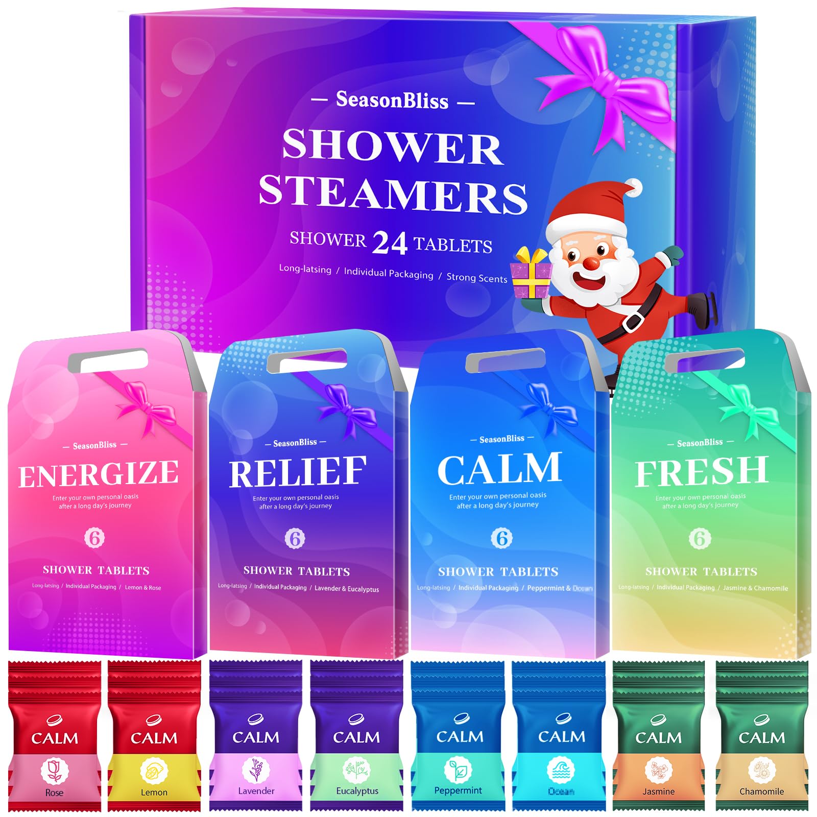 SeasonBliss shower steamers 24-pack wrap showcases travel-friendly freshness and on-the-go convenience.
