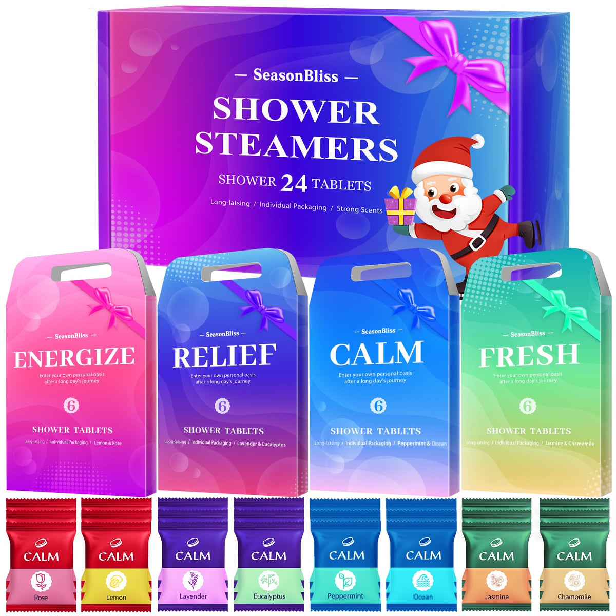 SeasonBliss shower steamers 24-pack wrap showcases travel-friendly freshness and on-the-go convenience.