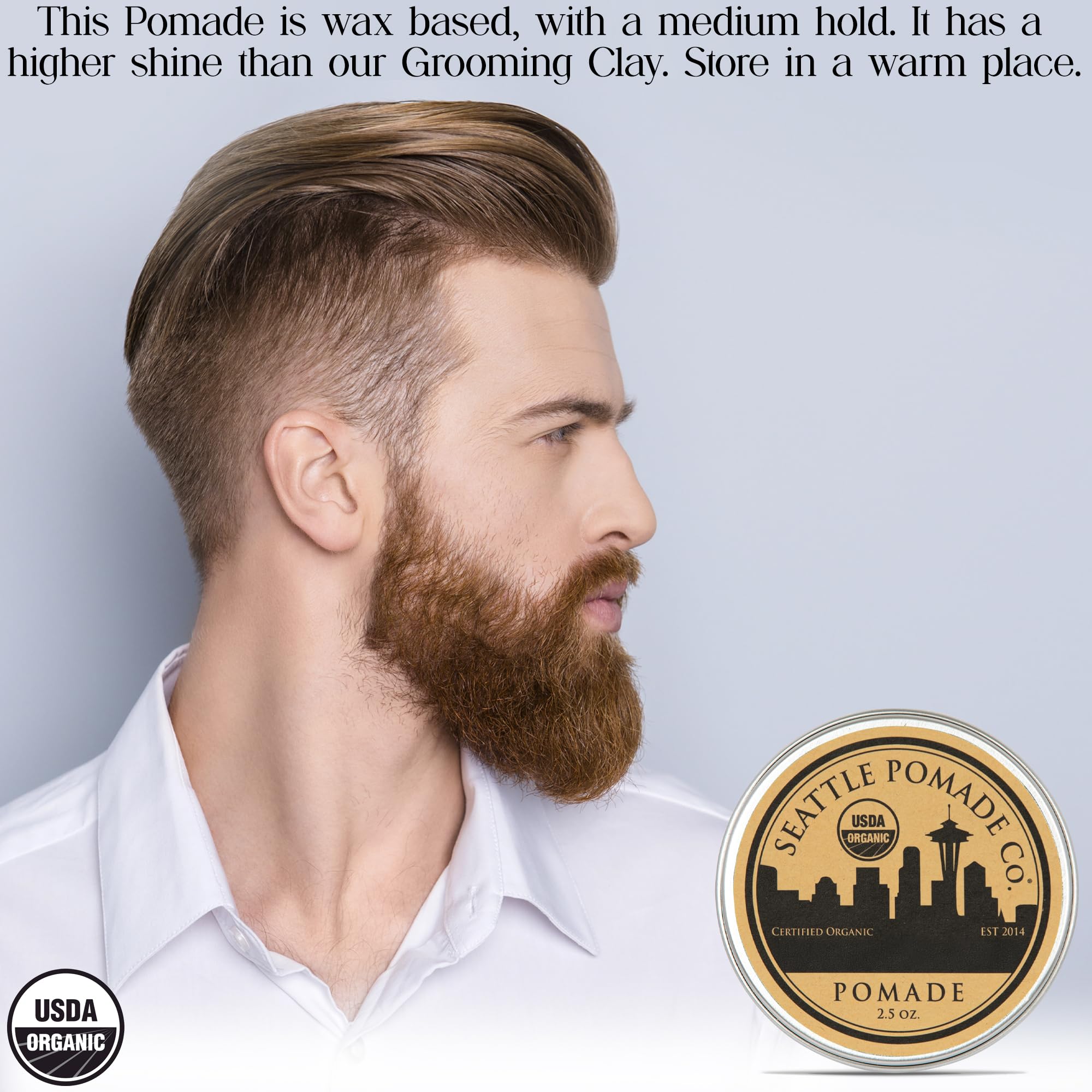 Seattle Pomade Co. hand applying pomade for textured, thicker hair.