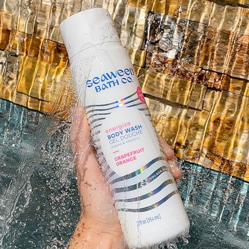 The Seaweed Bath Co. Energize body wash applied in shower shows quick rinse and smooth skin