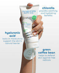 Seaweed Bath Co. firming body cream Rosemary Mint being applied to hands for hydration