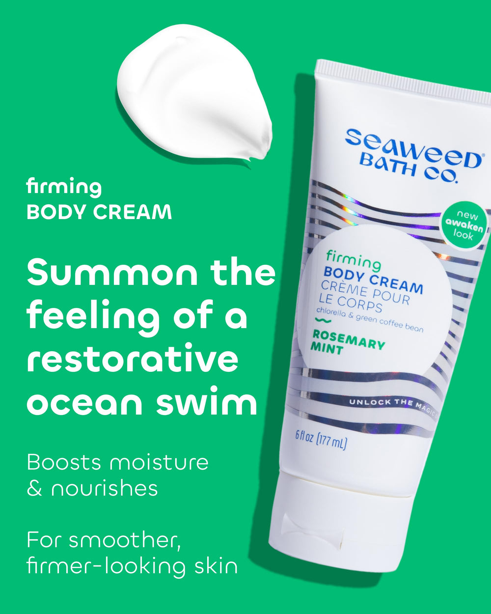 Seaweed Bath Co. firming body cream Rosemary Mint texture closeup shows creamy formula