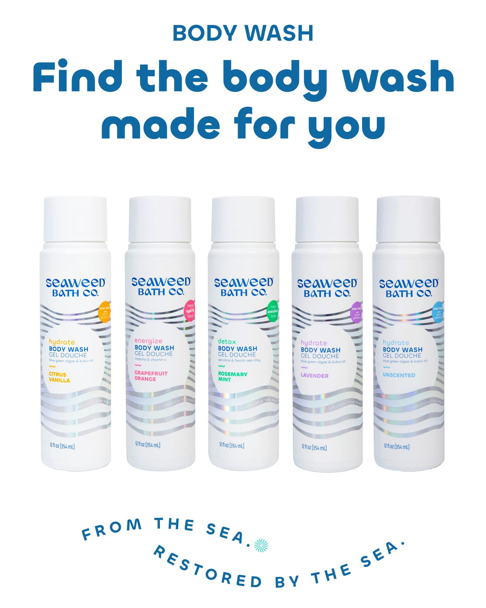 Seaweed Bath Co Hydrate Bottle – 50% post-consumer recycled plastic packaging.