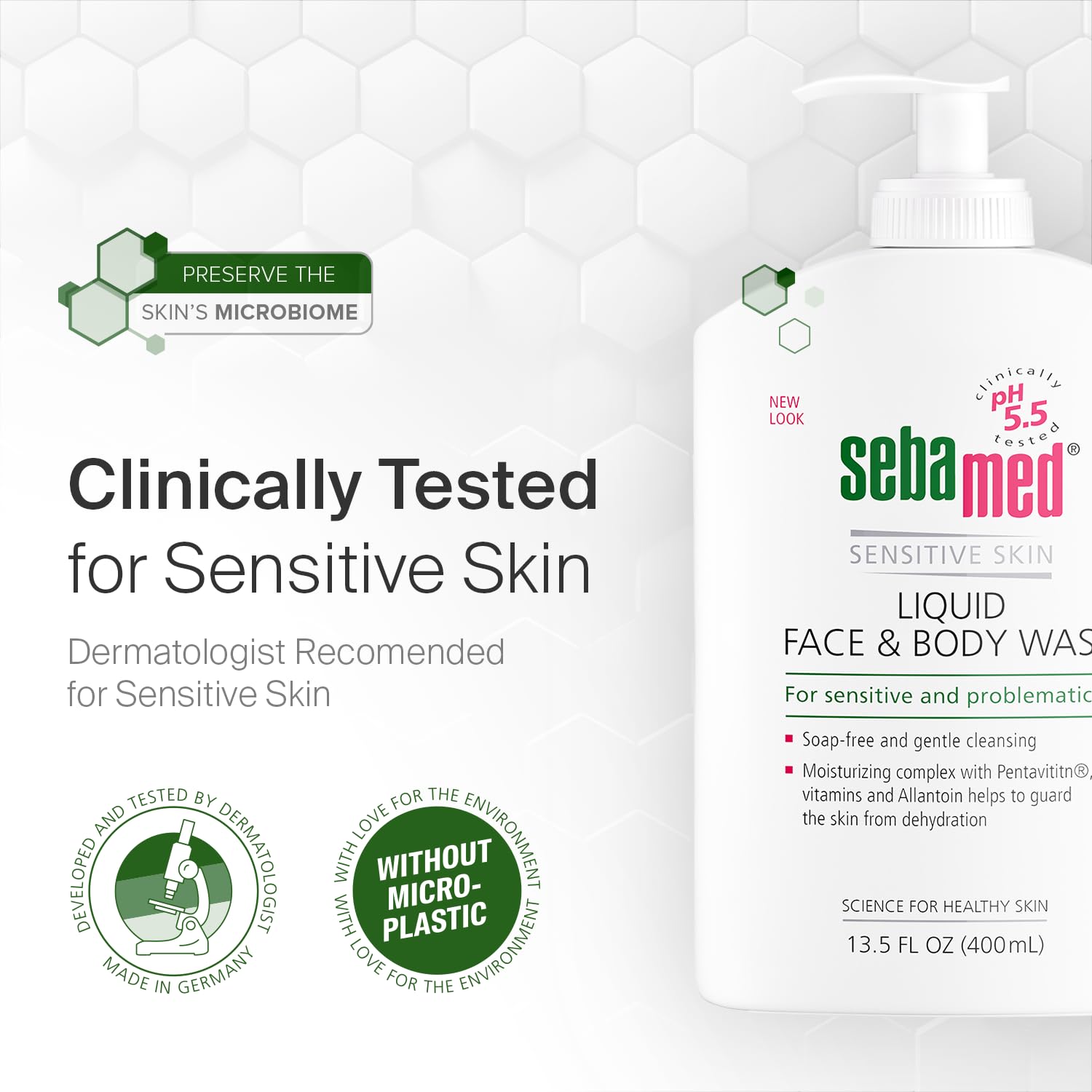 SEBAMED bathroom display featuring two 400ml bottles for daily use.