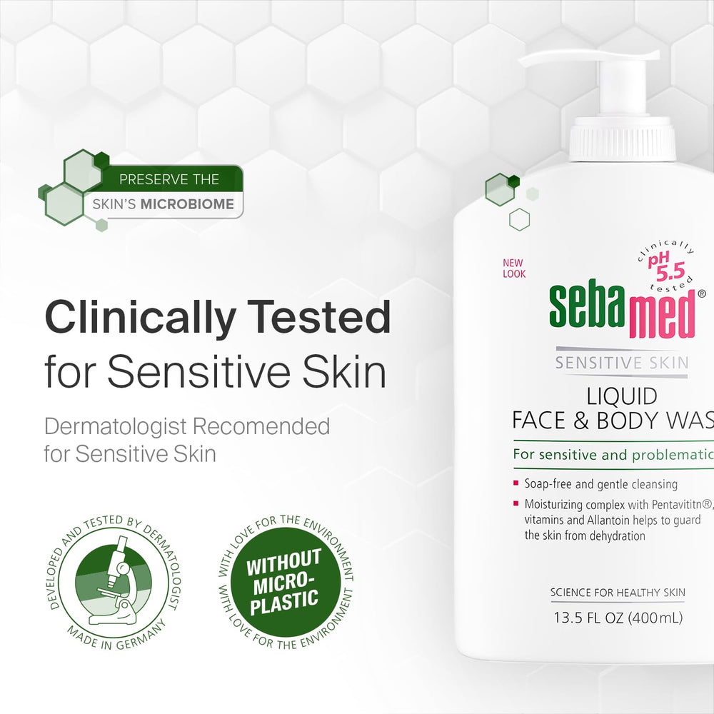 SEBAMED bathroom display featuring two 400ml bottles for daily use.