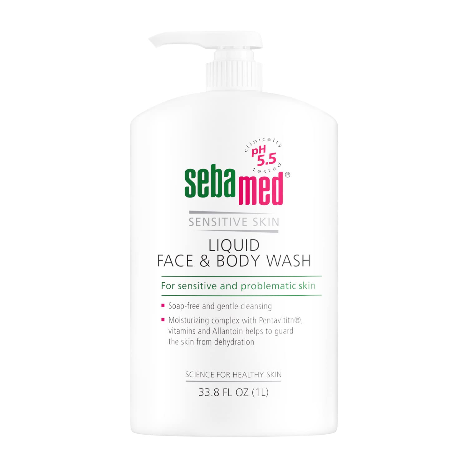 SEBAMED bottle pour 1L shows easy dispensing for gentle cleansing