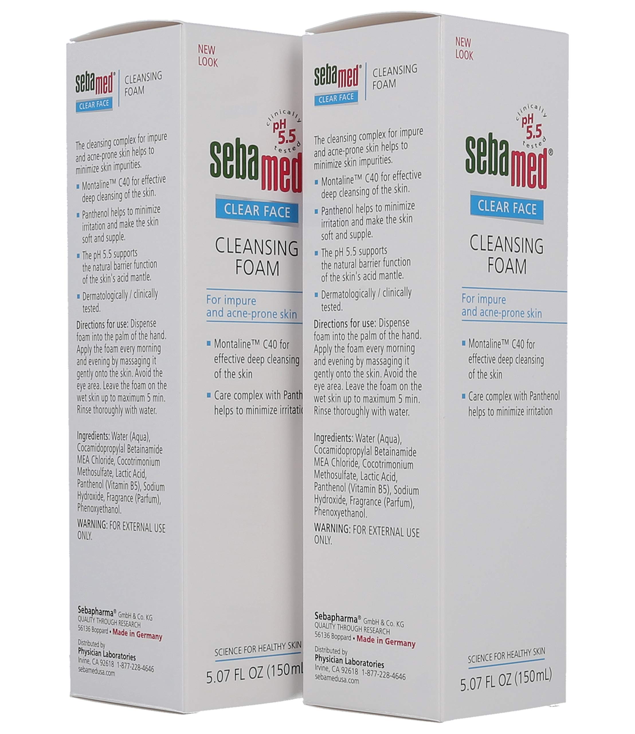 Sebamed Clear Face Cleansing Foam with Montaline C40 ingredient highlighted for complexion improvement.