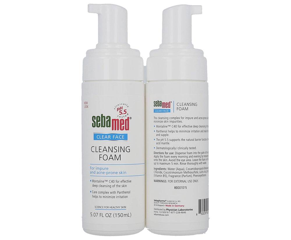 Sebamed Clear Face Cleansing Foam foamy texture demonstrates gentle cleansing for acne-prone skin.