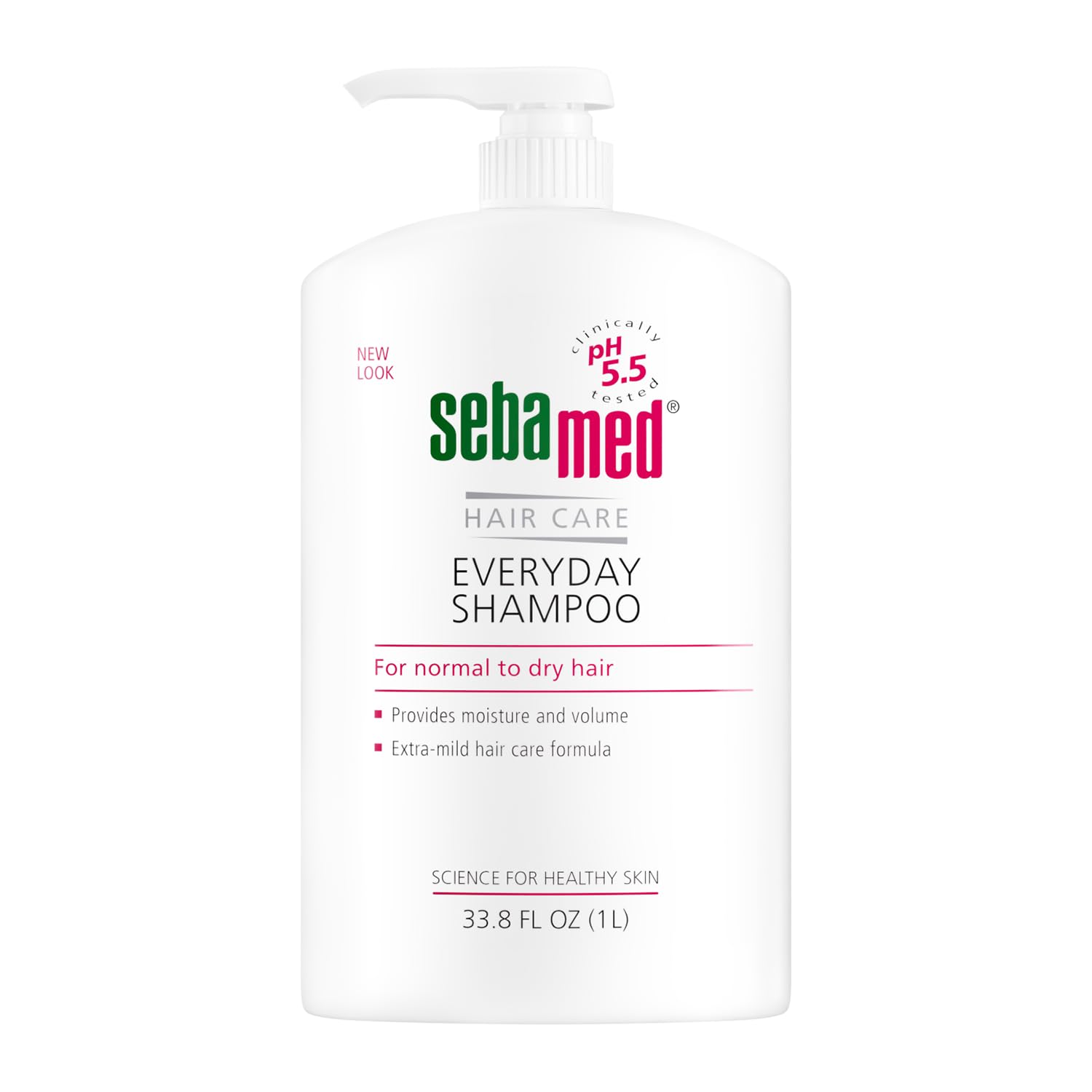 SEBAMED Everyday Shampoo bottle pouring for a gentle cleanse on sensitive scalps.