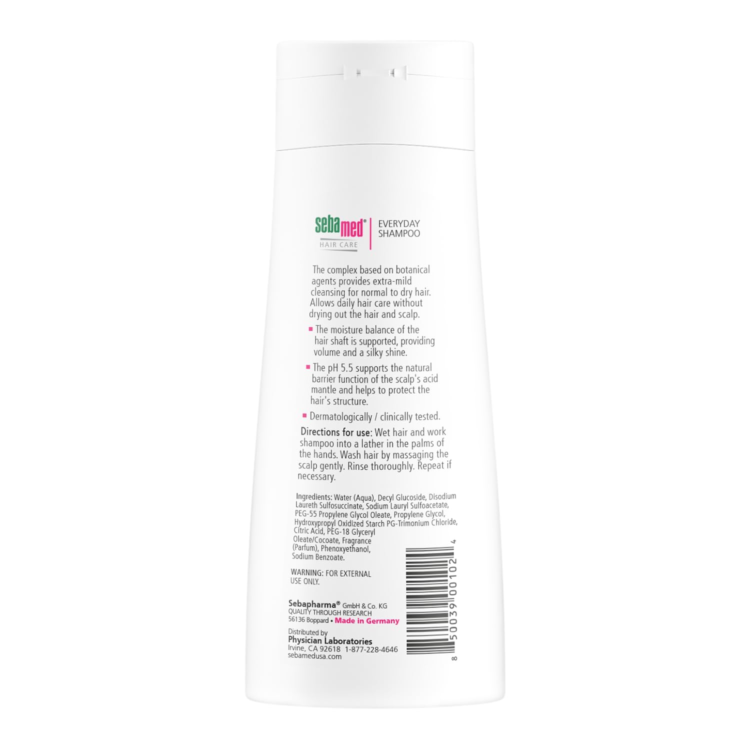 Sebamed Everyday Shampoo cap close-up highlighting soap-free formula for gentle cleansing