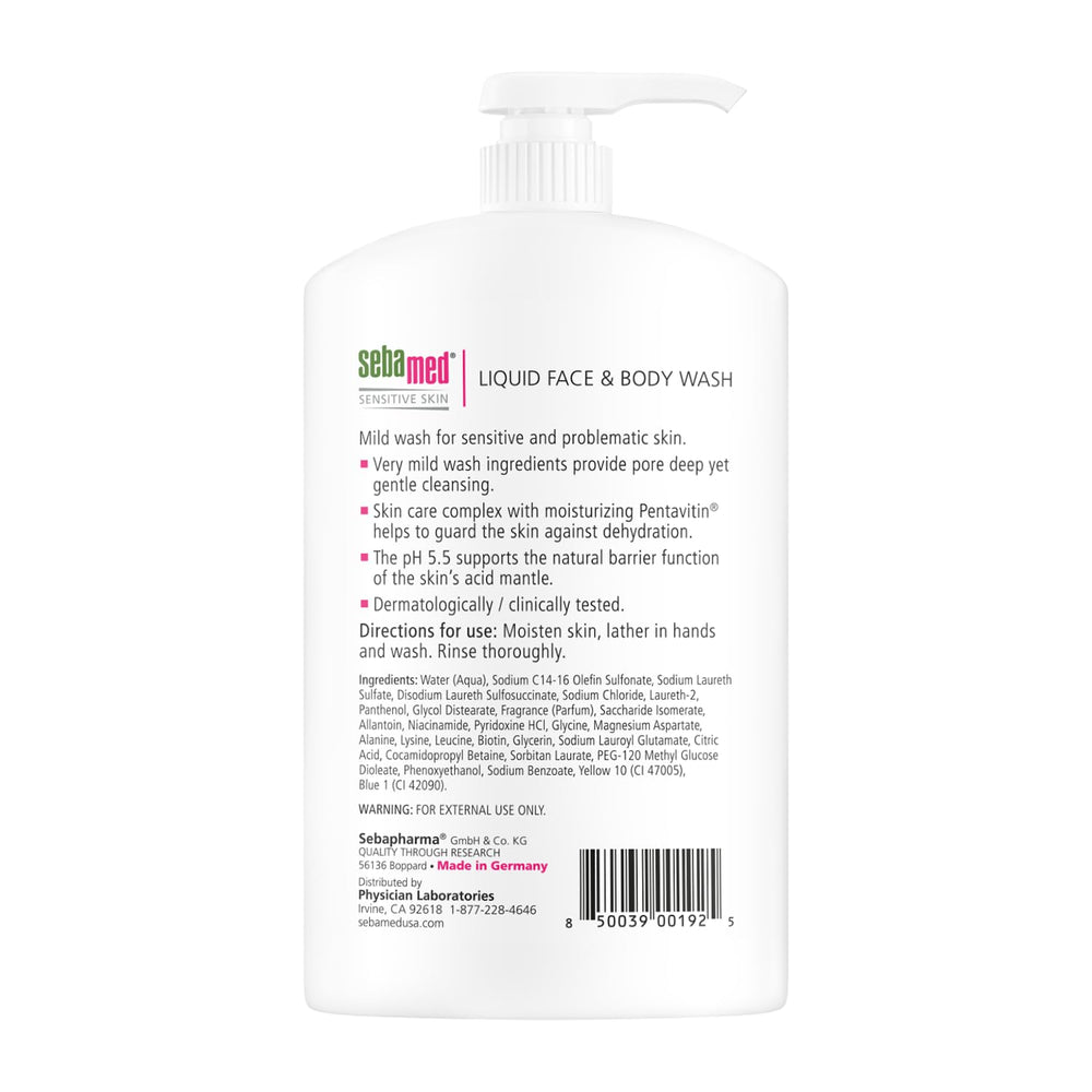 SEBAMED Liquid Face and Body Wash foam closeup emphasizes rich lather and gentle cleansing