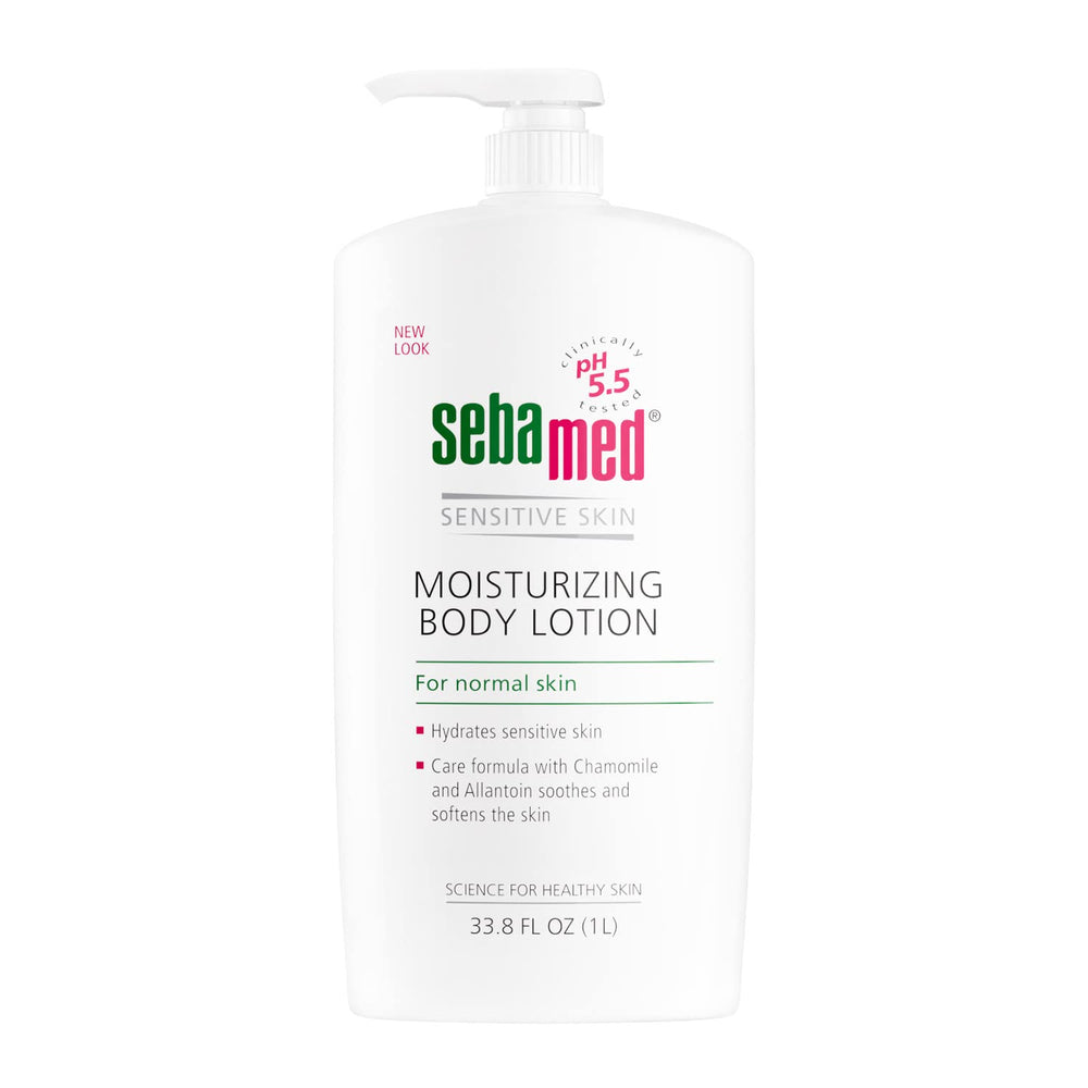 SEBAMED moisturizing body lotion 1-liter bottle on shelf for everyday hydration.