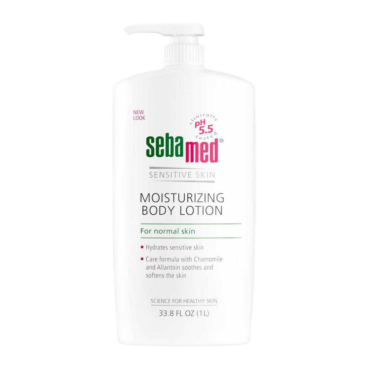 SEBAMED moisturizing body lotion 1-liter bottle on shelf for everyday hydration.