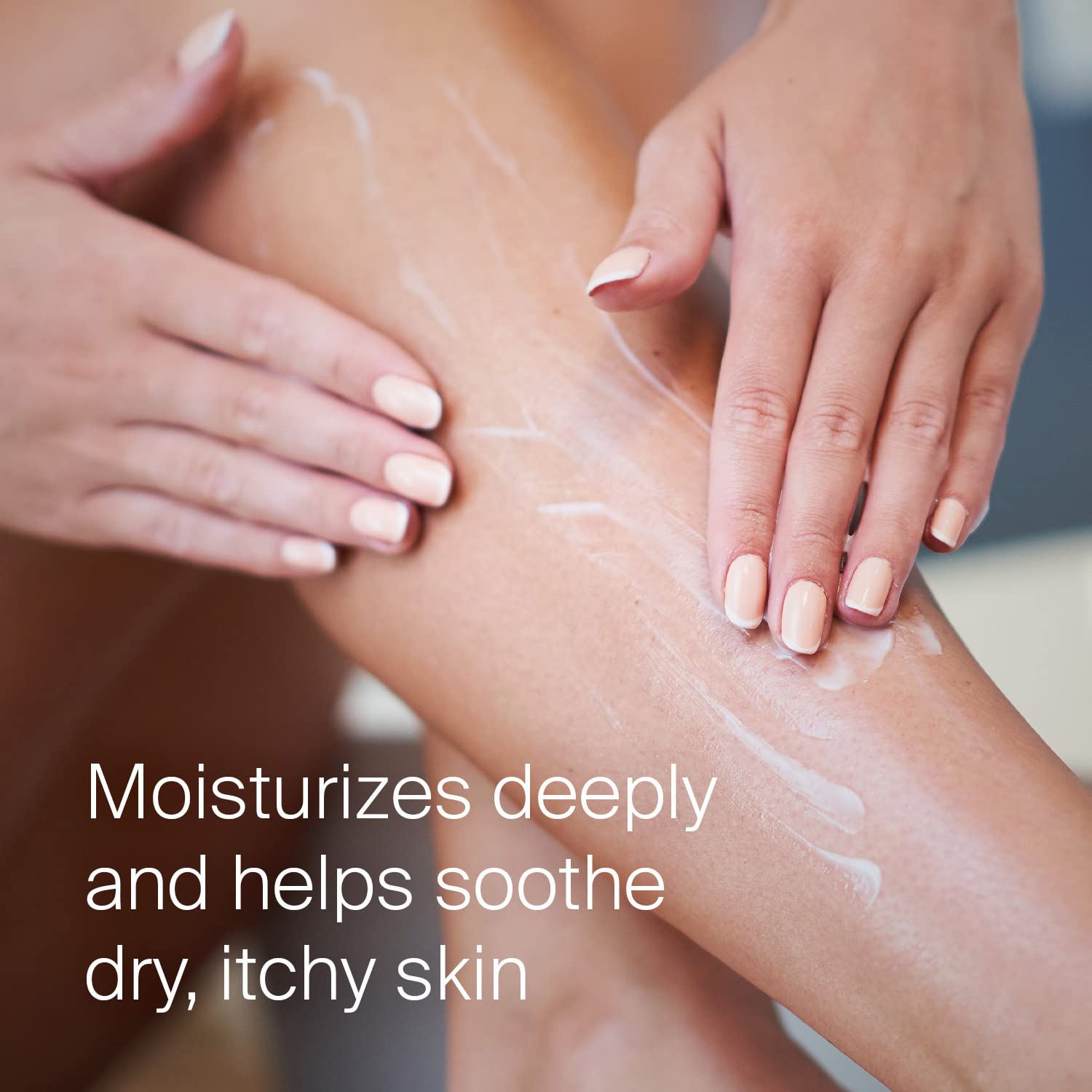 Creamy texture of SEBAMED lotion shown on skin after shower.