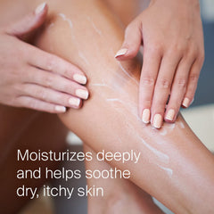 Creamy texture of SEBAMED lotion shown on skin after shower.