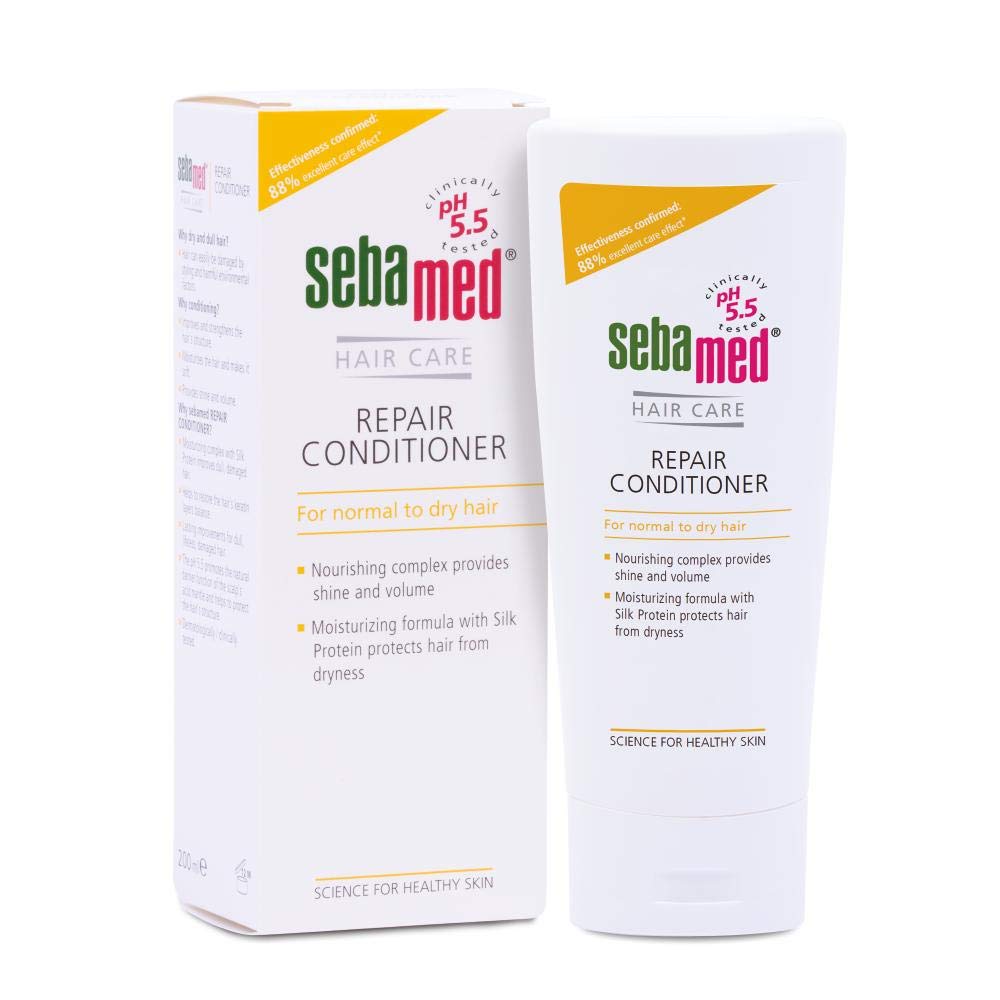 Sebamed Repair Conditioner bottle demonstrates premium hydration for all hair types.