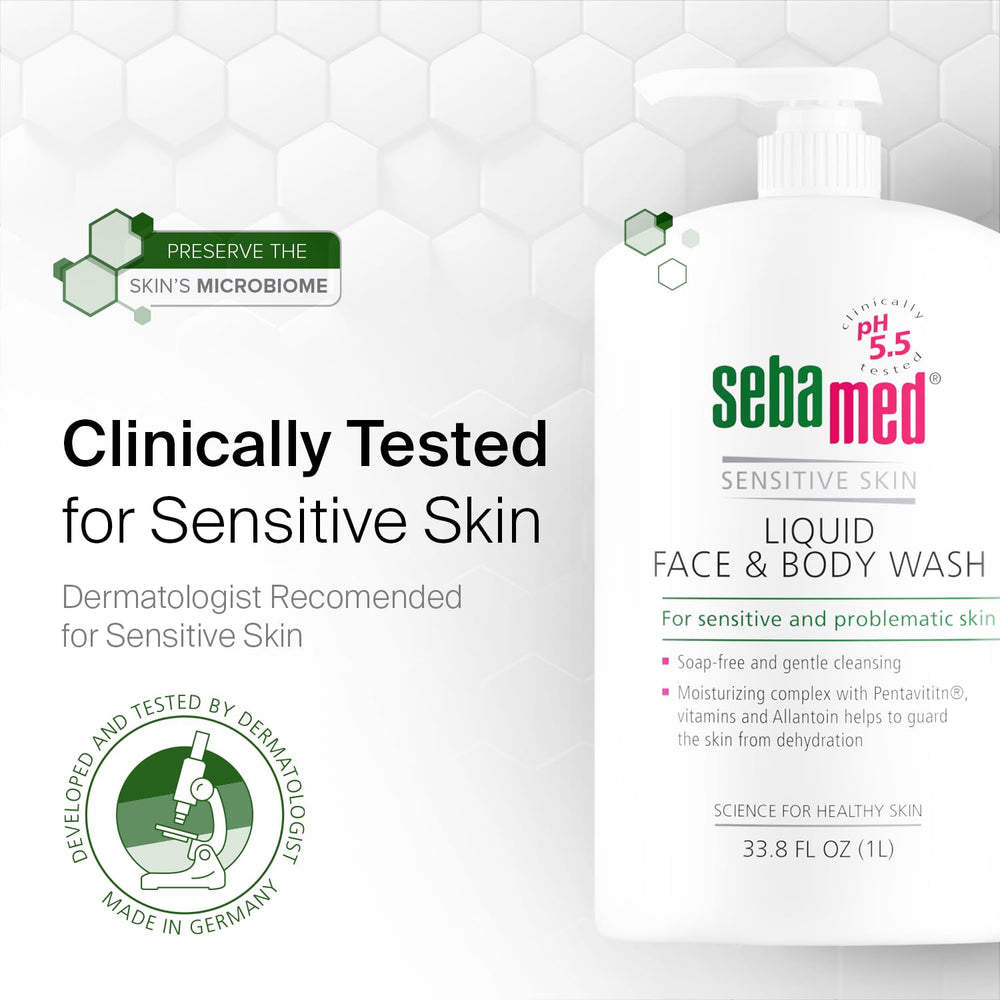 SEBAMED skin comfort 1L highlights soothing, fragrance-light formula for all skin types