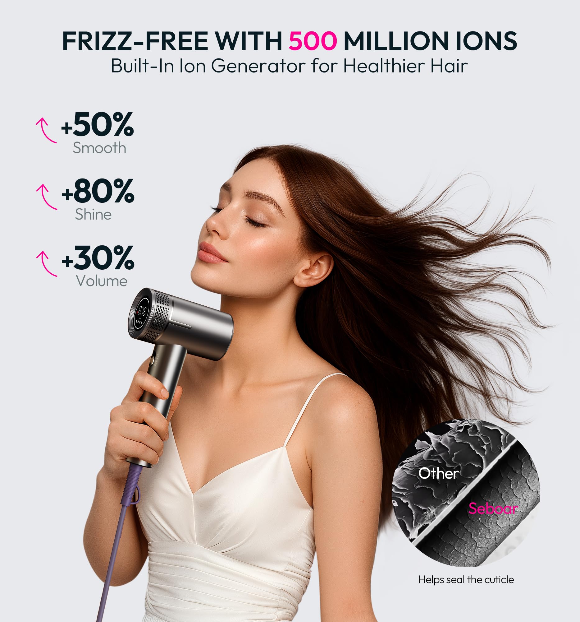 Seboar diffuser attachment with magnetic mount enables even, voluminous curls and reduced frizz.
