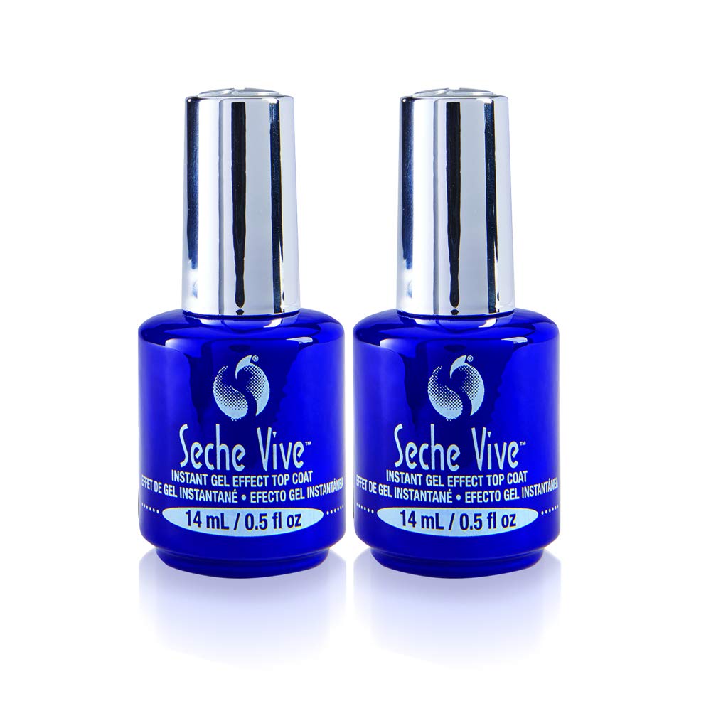 Seche Vive top coat bottle glistens with gel-like shine, no UV lamp needed.