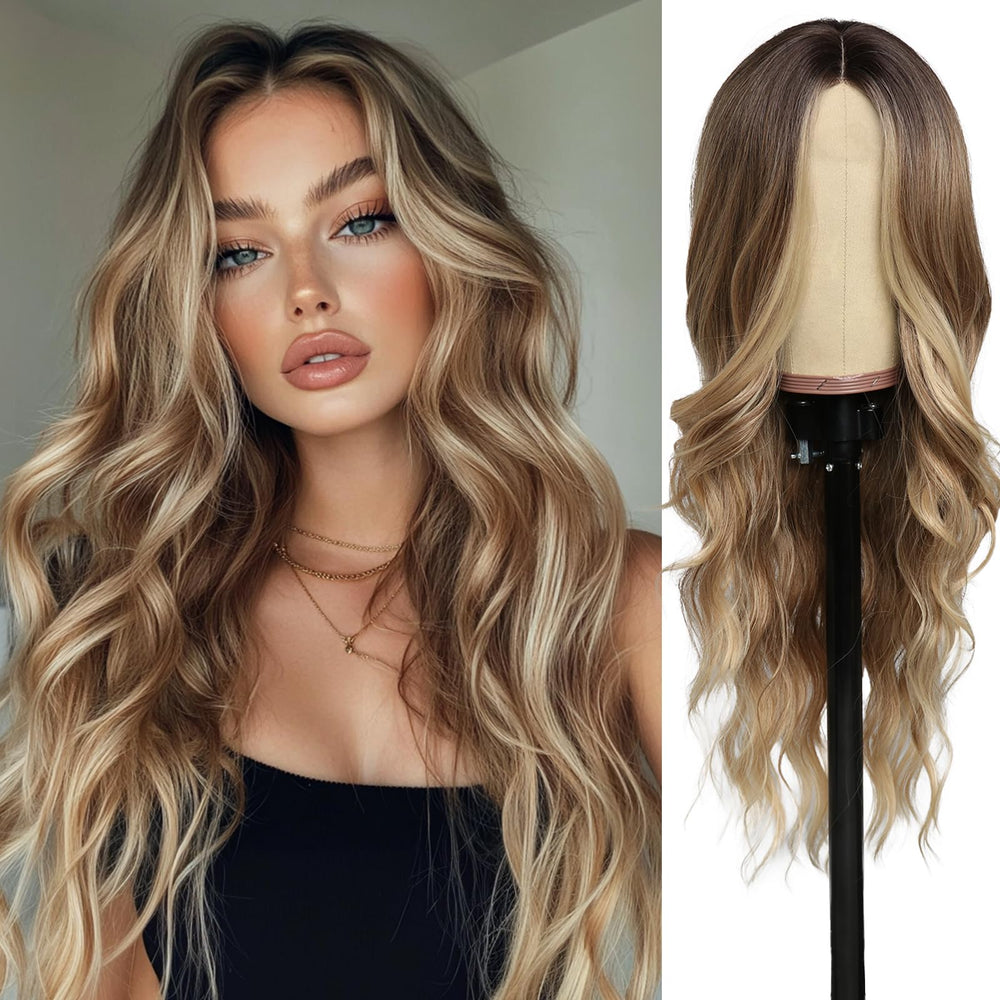 SeclitWu long blonde ombre wig front view with natural look and 26-inch length for daily wear.