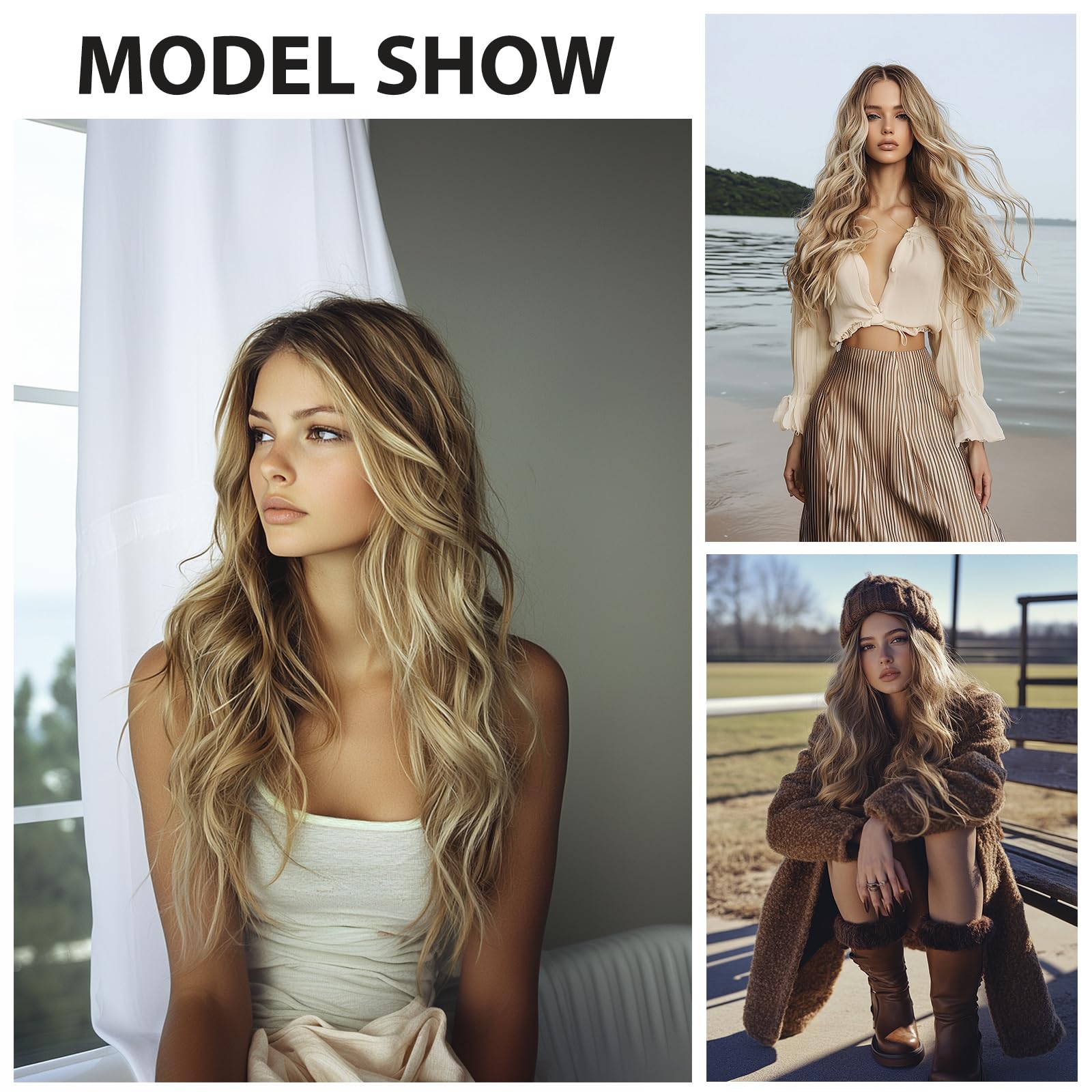 SeclitWu 26-inch ombre blonde wig viewed on a model for events and celebrations.