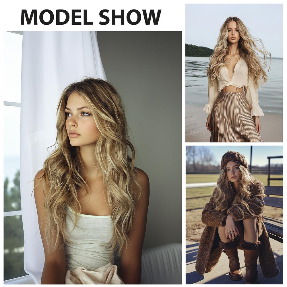 SeclitWu 26-inch ombre blonde wig viewed on a model for events and celebrations.