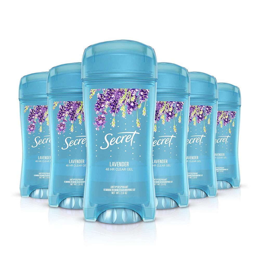 Secret lavender clear gel bottle front view with six-pack for daily freshness