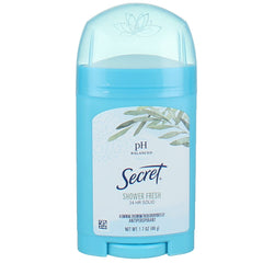 Secret deodorant solid Shower Fresh packaging highlights travel-friendly size for on-the-go freshness