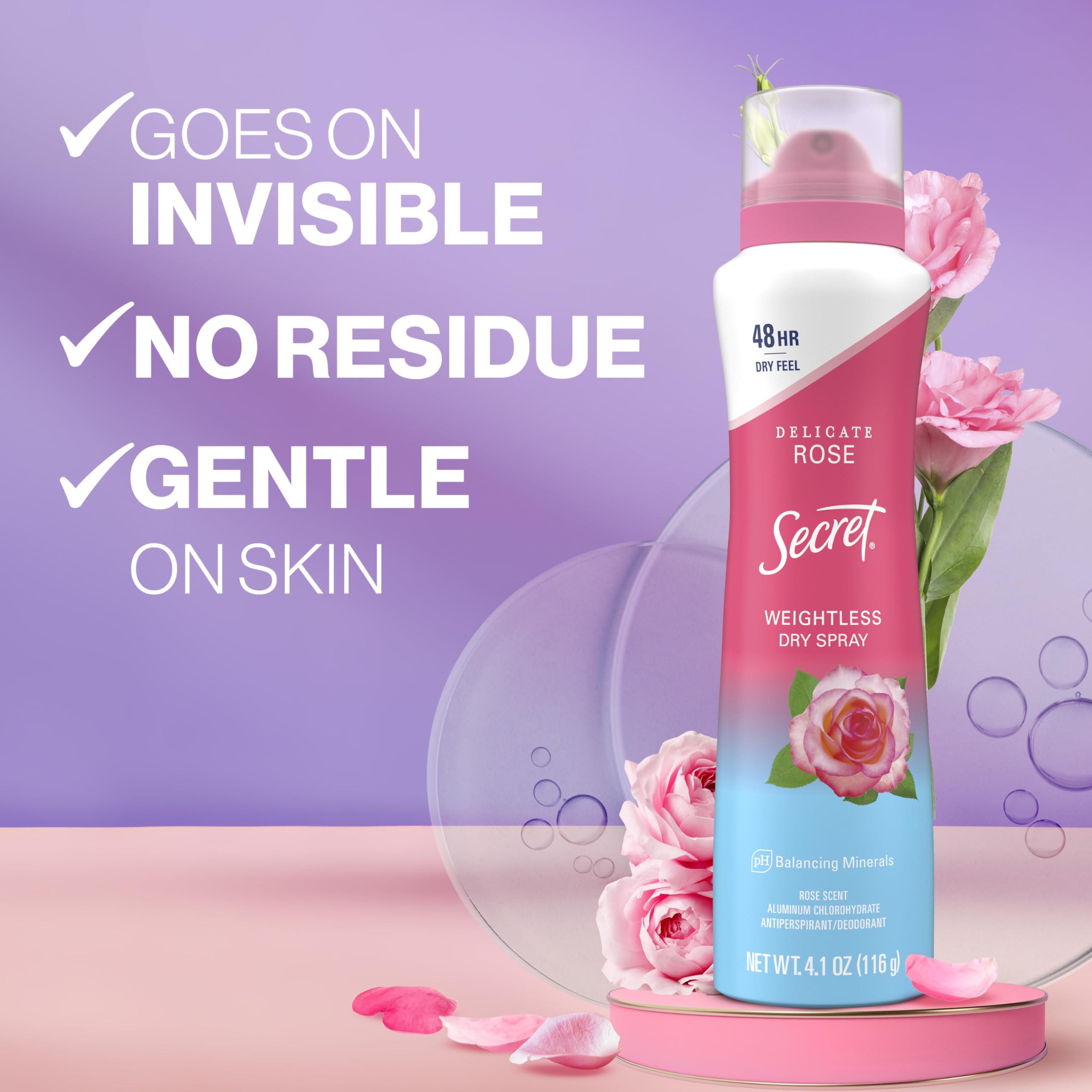 Secret Dry Spray application close-up highlights easy, fast-drying protection.