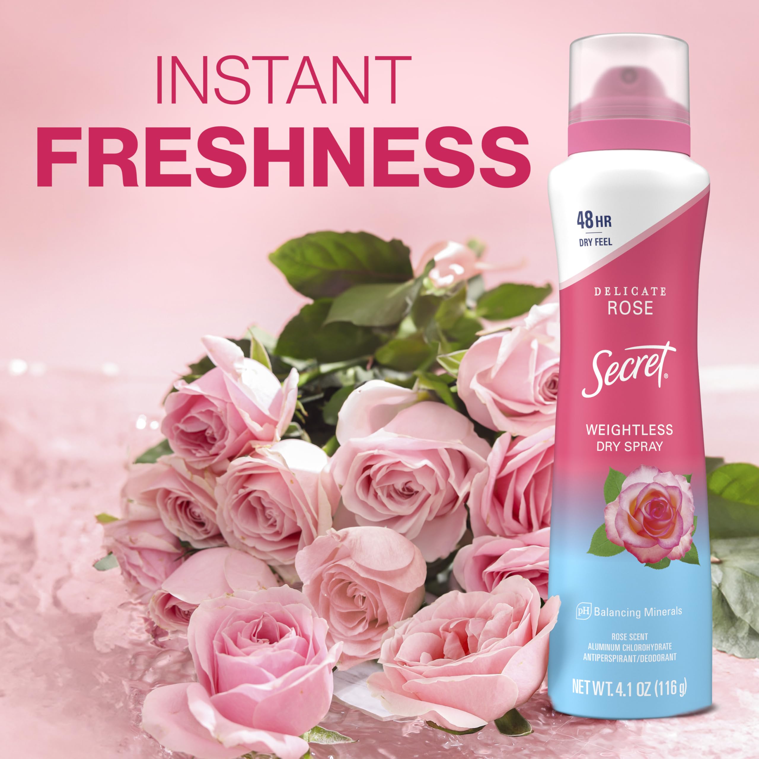 Secret Dry Spray close-up label highlights pH-balancing minerals.