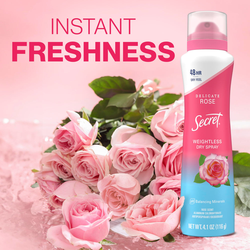 Secret Dry Spray close-up label highlights pH-balancing minerals.