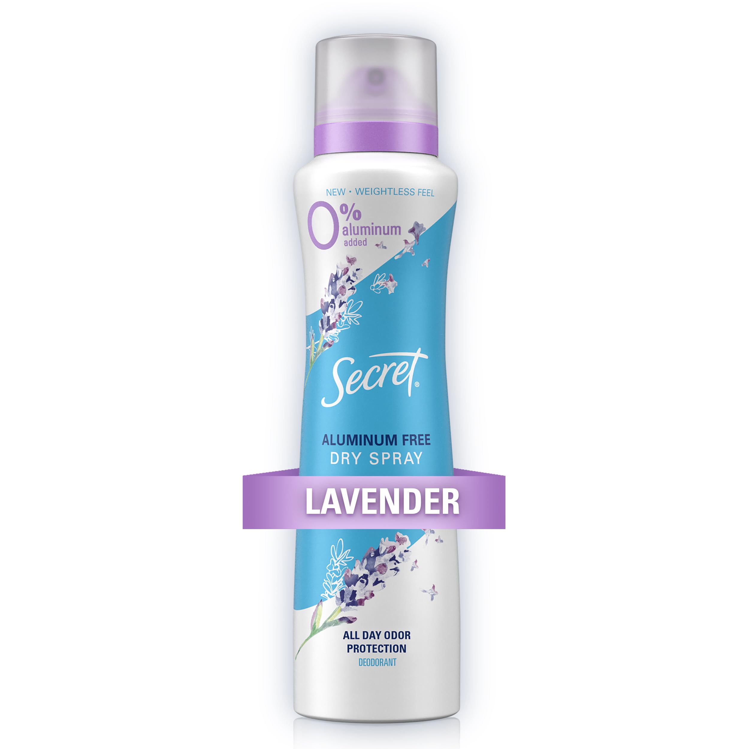 Secret Dry Spray lavender bottle highlights aluminum-free protection