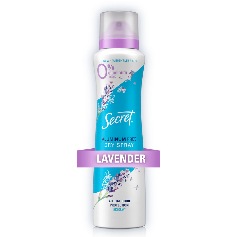 Secret Dry Spray lavender bottle highlights aluminum-free protection