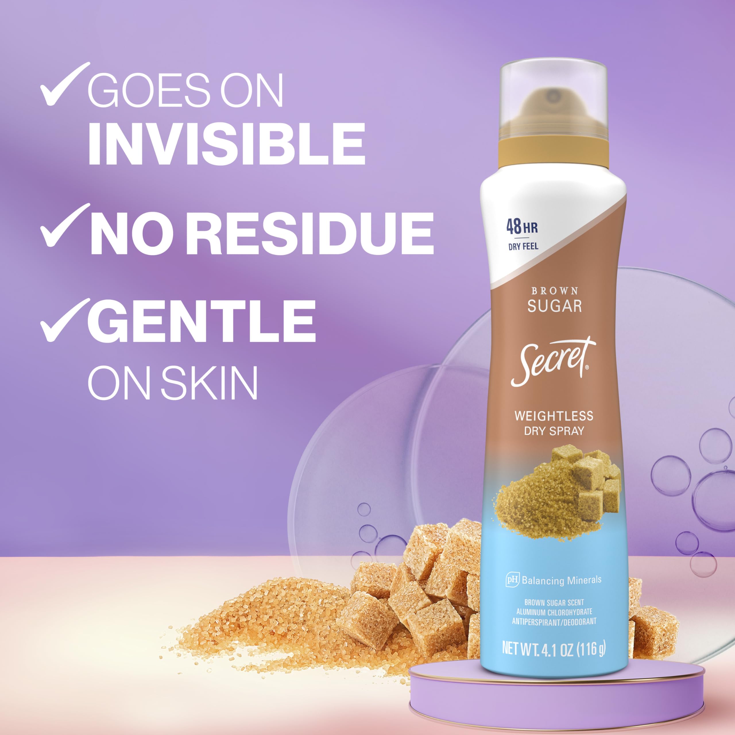 Secret Dry Spray brown sugar application close-up highlights quick-dry, comfortable protection.