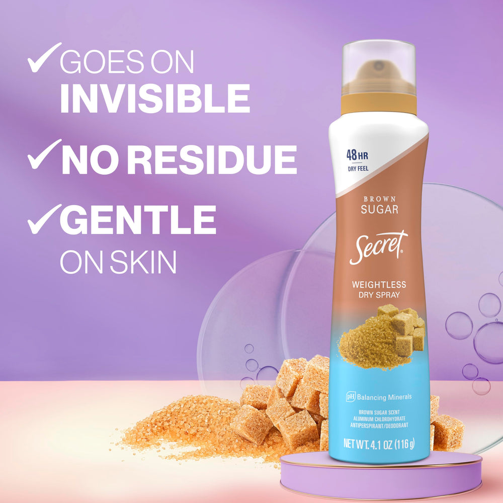 Secret Dry Spray brown sugar application close-up highlights quick-dry, comfortable protection.