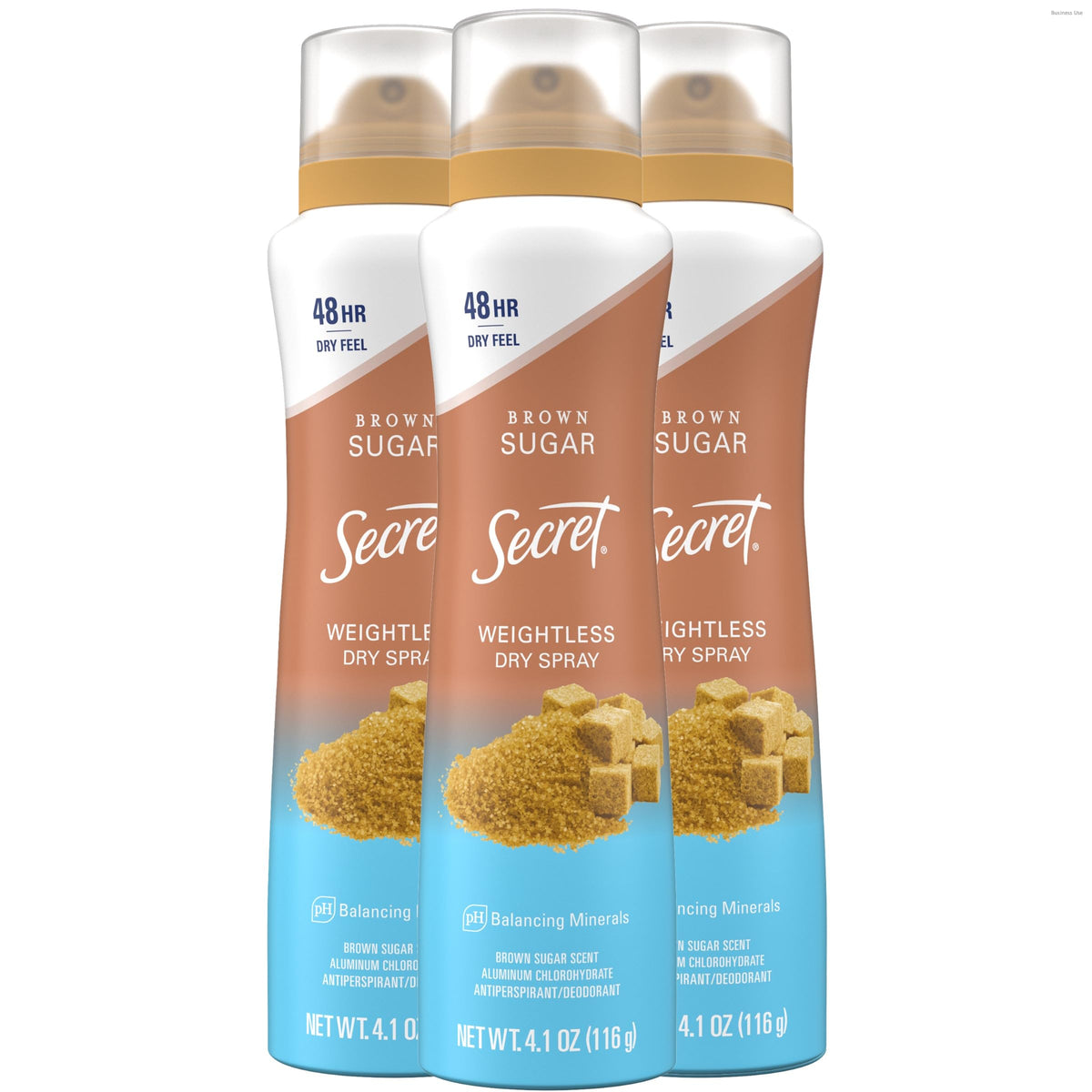 Secret Dry Spray brown sugar bottle shows weightless protection for all-day freshness.
