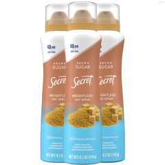 Secret Dry Spray brown sugar bottle shows weightless protection for all-day freshness.