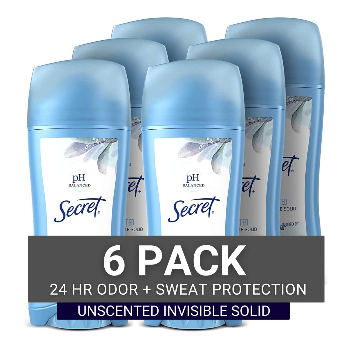 Secret Original Unscented Invisible Solid pack6 outer view shows long-lasting protection.