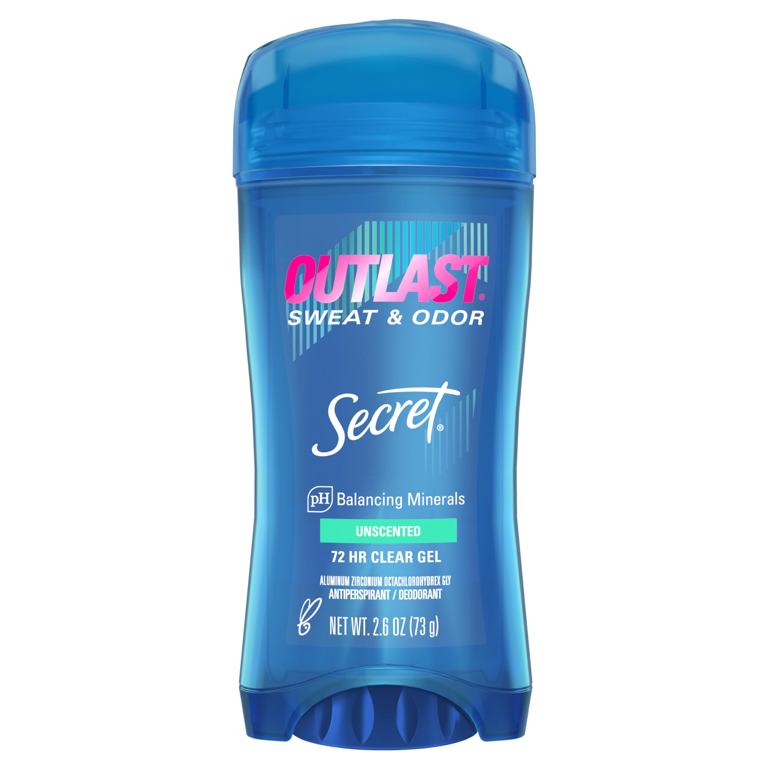 Secret Outlast clear gel unscented bottle closeup illustrating 48-hour protection.