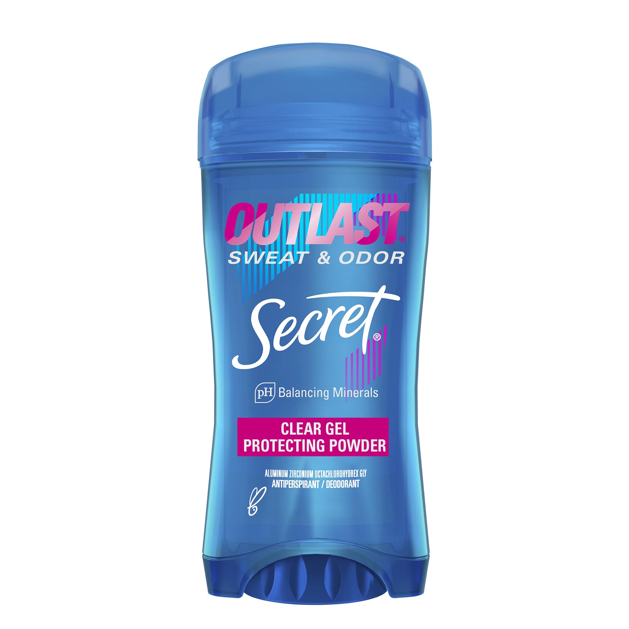 Secret Outlast antiperspirant bottle closeup shows invisible clear gel formula.