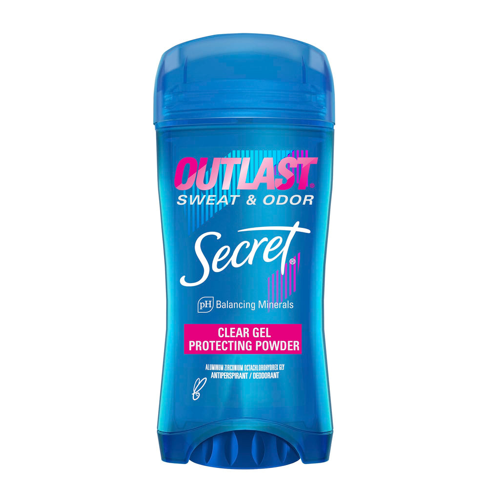 Secret Outlast antiperspirant bottle closeup shows invisible clear gel formula.