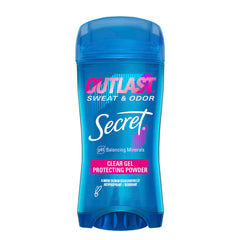 Secret Outlast antiperspirant bottle closeup shows invisible clear gel formula.